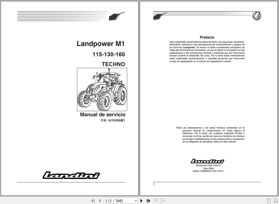 Landini Tractor Landpower 115 130 160 M1 Service Manual 4216006M1 ES 1