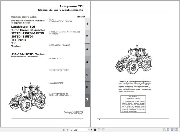 Landini Tractor Landpower 115TDI to 185TDI Operators Maintenance Manual 3681717M2 ES 1