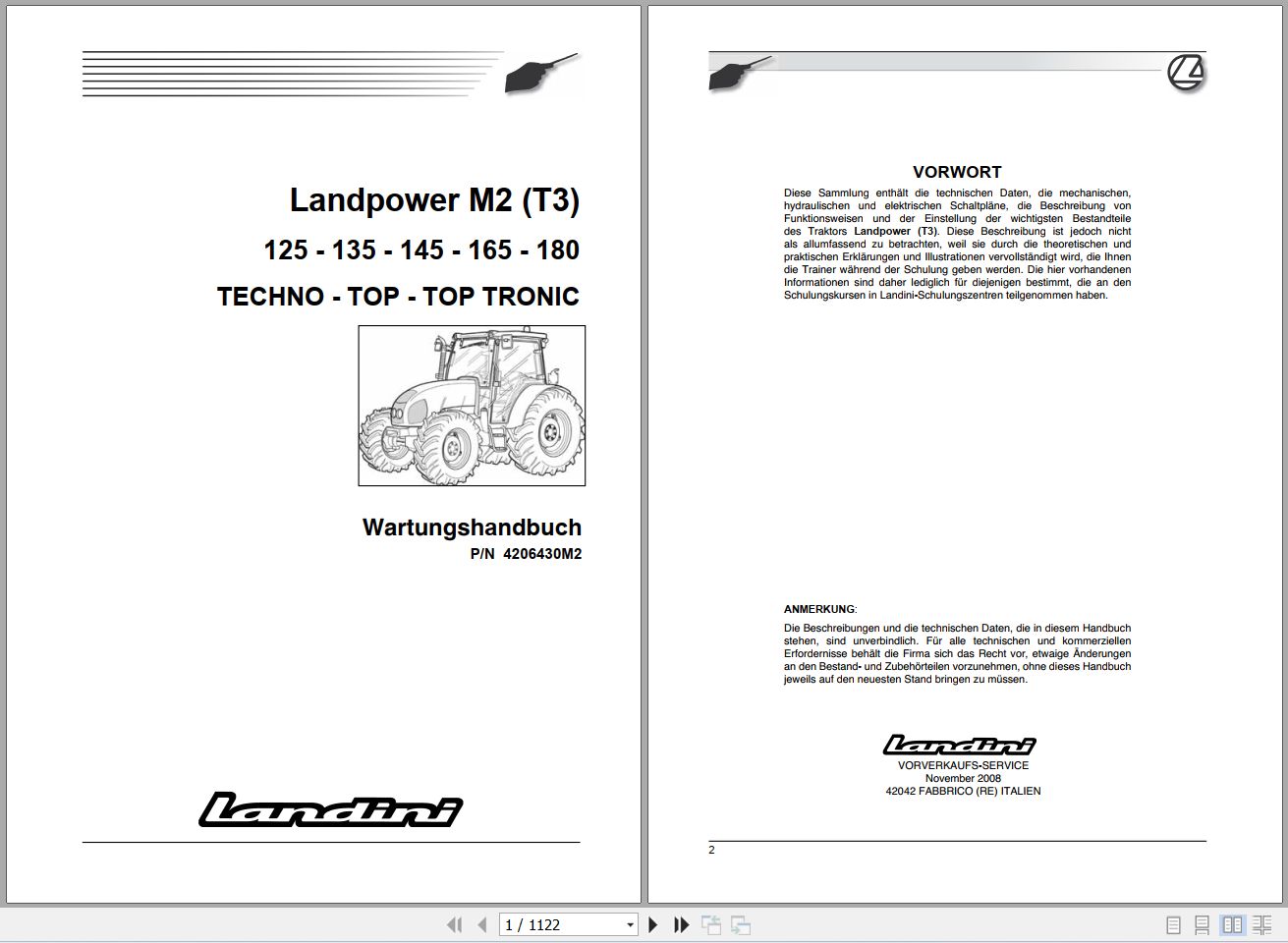 Landini Tractor Landpower 125 180 M2 Tier3 Service Manual 4206430M2 DE 1