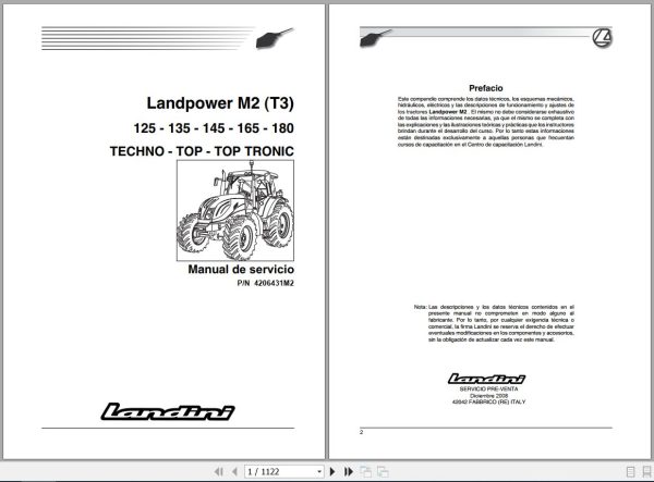 Landini Tractor Landpower 125 180 Service Manual 4206431M2 ES 1