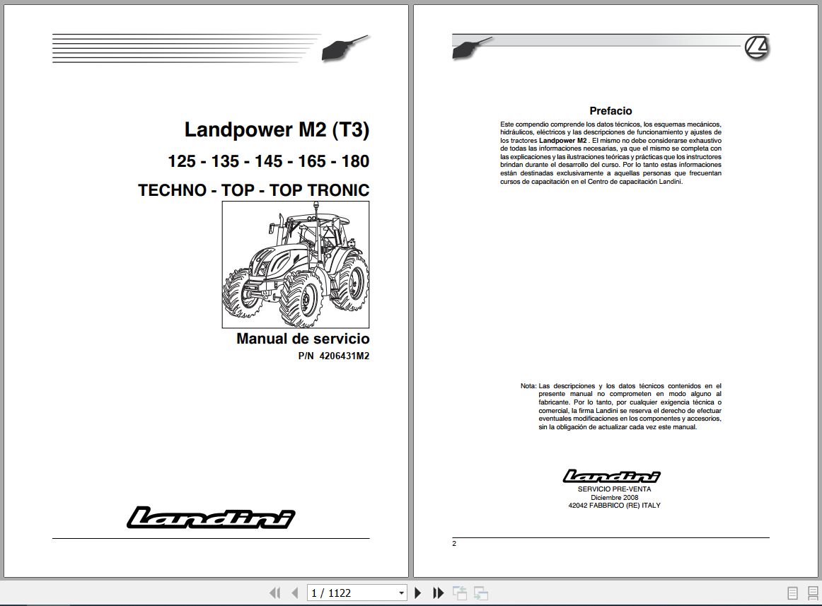 Landini Tractor Landpower 125 180 Service Manual 4206431M2 ES 1