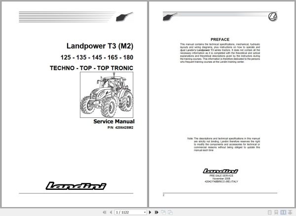 Landini Tractor Landpower 125 180 T3 M2 Service Manual 4206428M2 EN 1