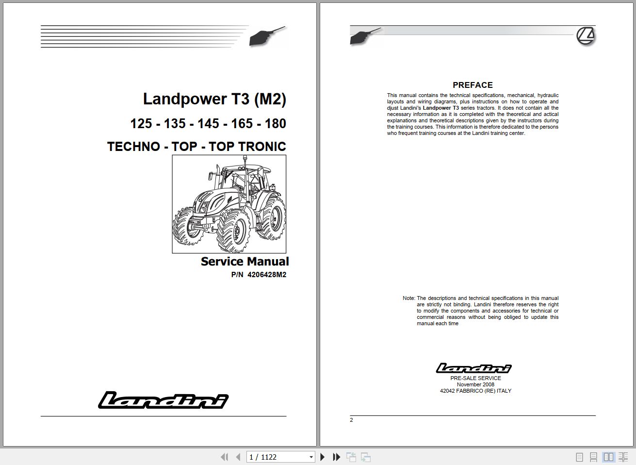 Landini Tractor Landpower 125 180 T3 M2 Service Manual 4206428M2 EN 1