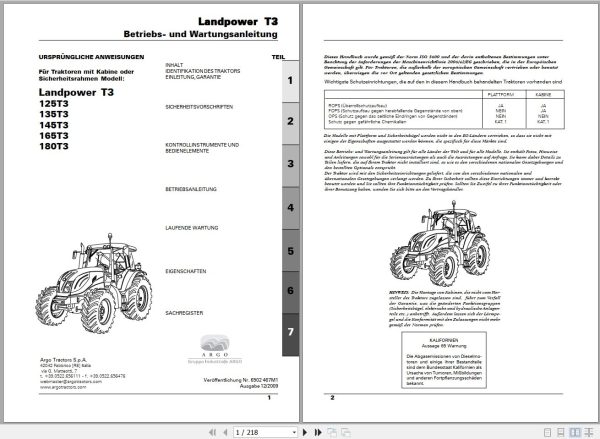 Landini Tractor Landpower 125 180 T3 Operators Maintenance Manual 6502467M1 DE 1