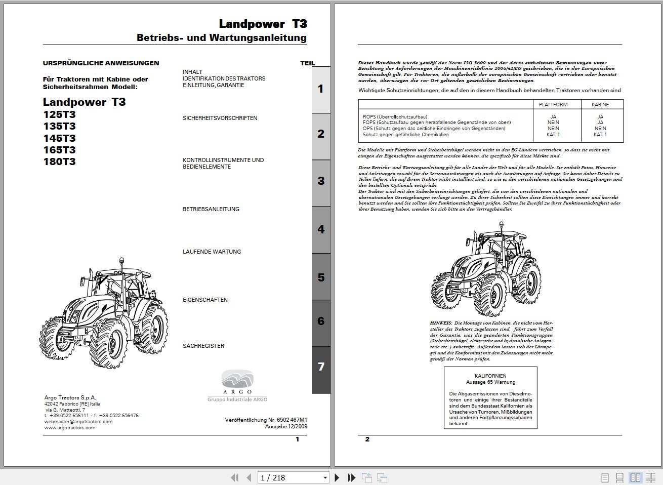Landini Tractor Landpower 125 180 T3 Operators Maintenance Manual 6502467M1 DE 1