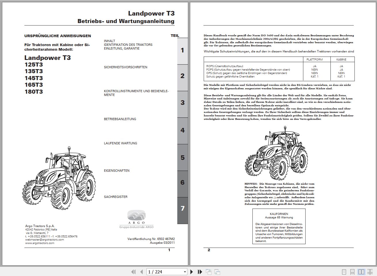 Landini Tractor Landpower 125 180 T3 Operators Maintenance Manual 6502467M2 DE 1