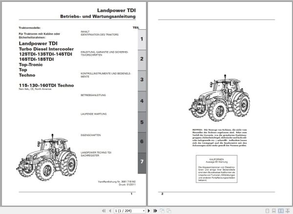 Landini Tractor Landpower 125 185 TDI Operators Maintenance Manual 3681718M2 DE 1