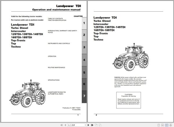 Landini Tractor Landpower 125 to 185 TDI Operators Maintenance Manual 3681715M1 EN 1
