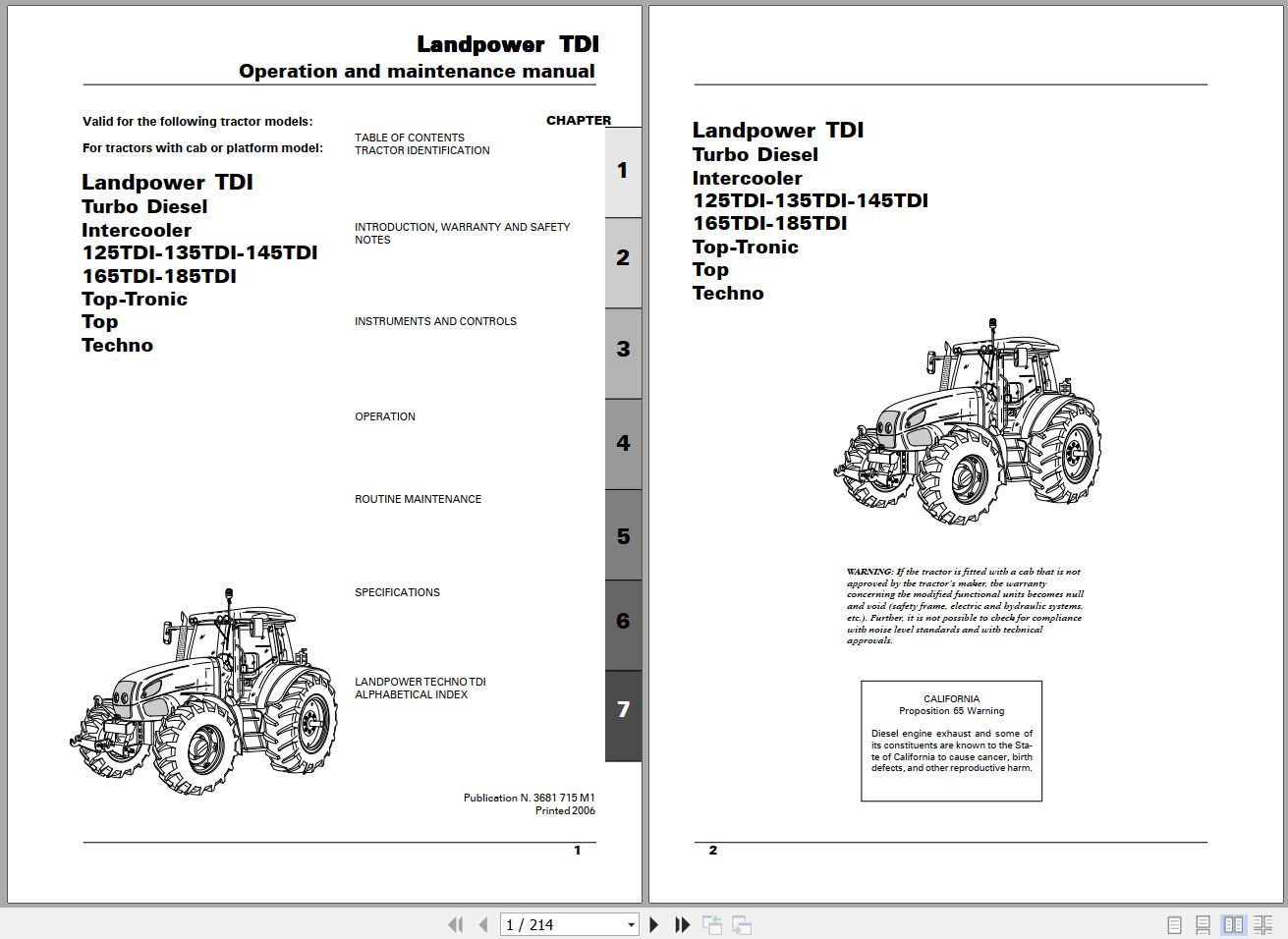 Landini Tractor Landpower 125 to 185 TDI Operators Maintenance Manual 3681715M1 EN 1