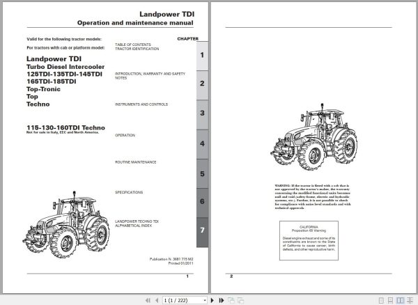 Landini Tractor Landpower 125 to 185 TDI Operators Maintenance Manual 3681715M2 EN 1