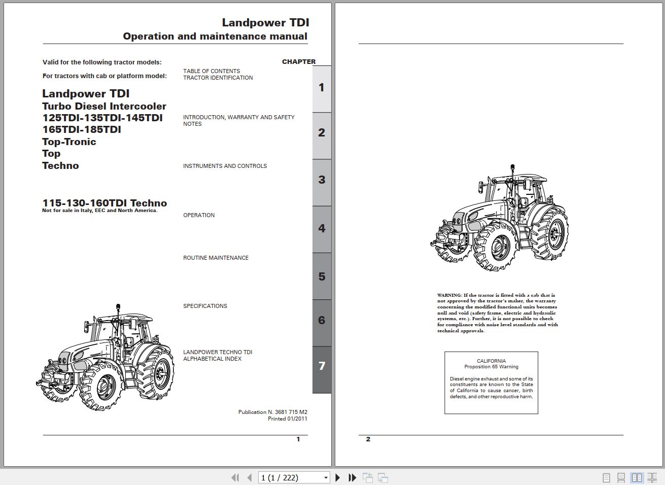 Landini Tractor Landpower 125 to 185 TDI Operators Maintenance Manual 3681715M2 EN 1