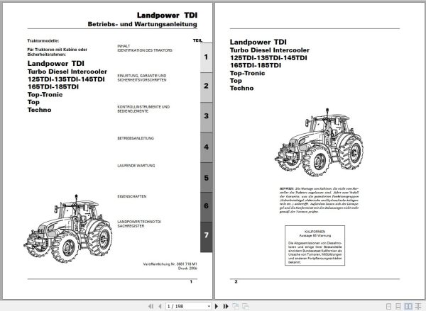 Landini Tractor Landpower 125 to 185 TDI Operators Maintenance Manual 3681718M1 DE 1