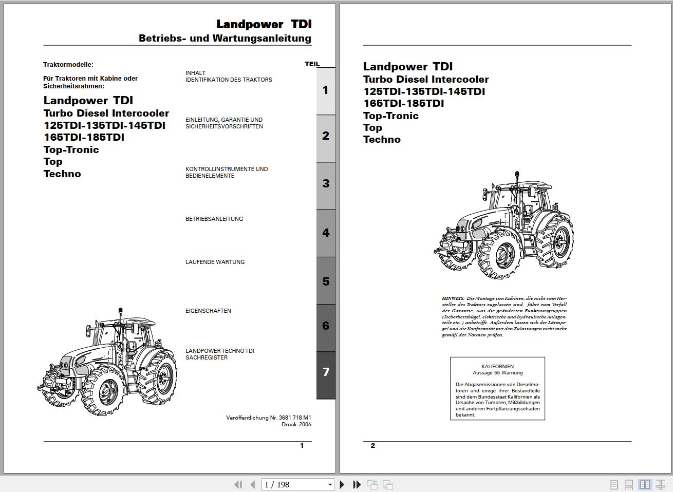 Landini Tractor Landpower 125 to 185 TDI Operators Maintenance Manual 3681718M1 DE 1