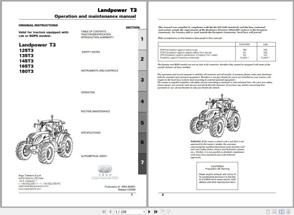 Landini Tractor Landpower 125T3 180T3 Operators Maintenance Manual 6502464M1 EN 1