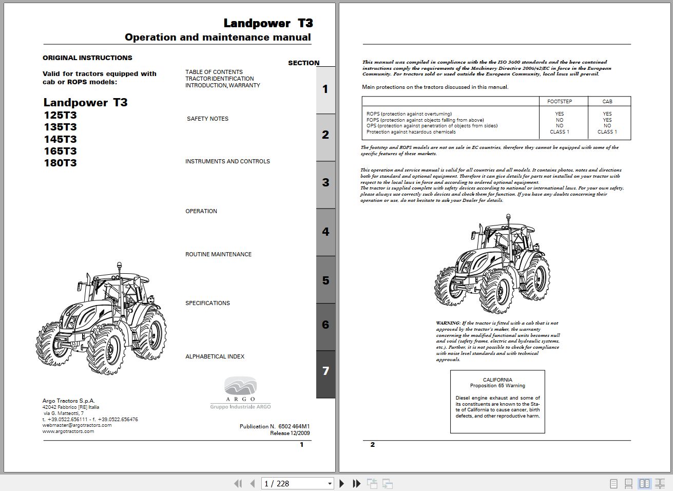 Landini Tractor Landpower 125T3 180T3 Operators Maintenance Manual 6502464M1 EN 1