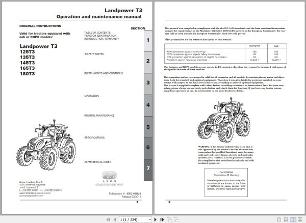 Landini Tractor Landpower 125T3 180T3 Operators Maintenance Manual 6502464M2 EN 1