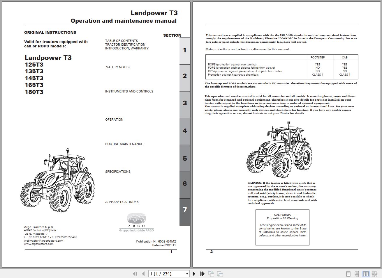 Landini Tractor Landpower 125T3 180T3 Operators Maintenance Manual 6502464M2 EN 1