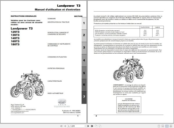 Landini Tractor Landpower 125T3 to 180T3 Operators Maintenance Manual 6502465M1 FR 1