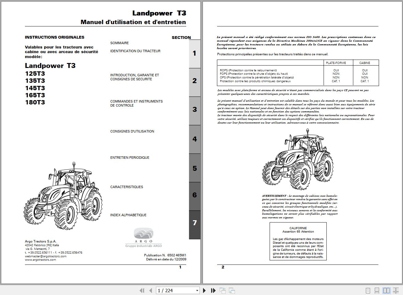 Landini Tractor Landpower 125T3 to 180T3 Operators Maintenance Manual 6502465M1 FR 1