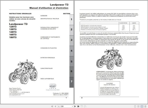Landini Tractor Landpower 125T3 to 180T3 Operators Maintenance Manual 6502465M2 FR 1