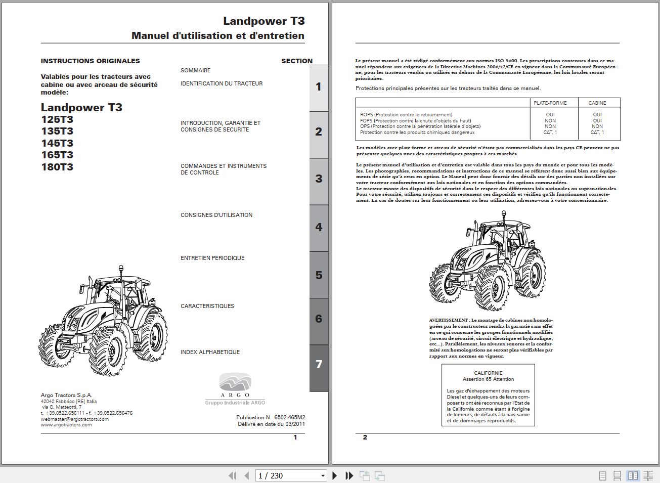 Landini Tractor Landpower 125T3 to 180T3 Operators Maintenance Manual 6502465M2 FR 1