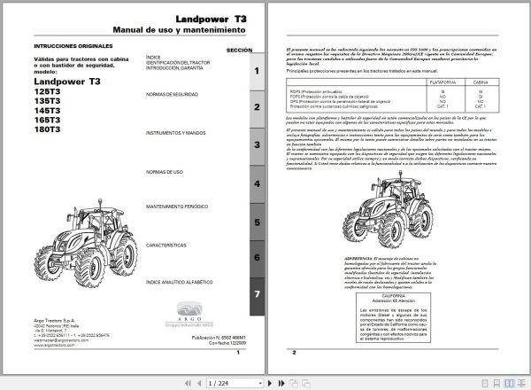 Landini Tractor Landpower 125T3 to 180T3 Operators Maintenance Manual 6502466M1 ES 1
