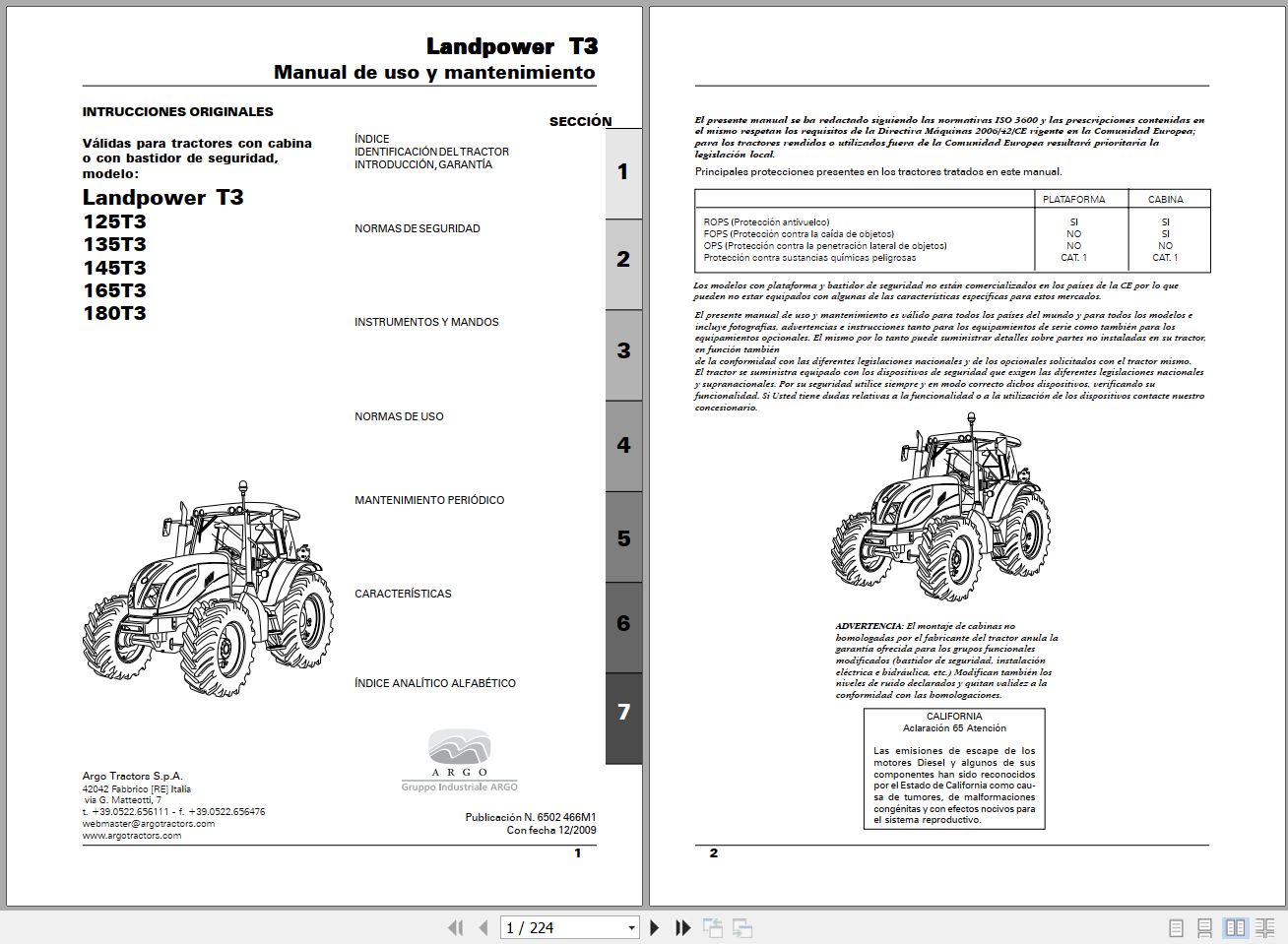 Landini Tractor Landpower 125T3 to 180T3 Operators Maintenance Manual 6502466M1 ES 1