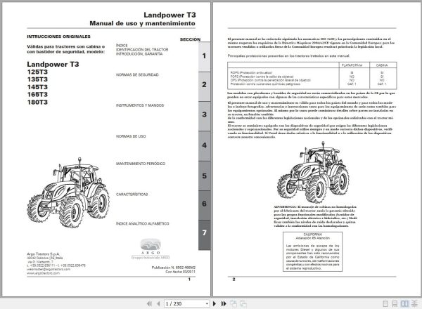 Landini Tractor Landpower 125T3 to 180T3 Operators Maintenance Manual 6502466M2 ES 1