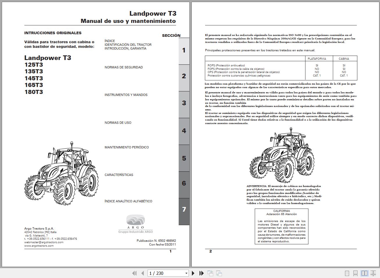 Landini Tractor Landpower 125T3 to 180T3 Operators Maintenance Manual 6502466M2 ES 1