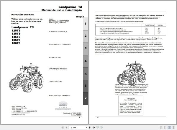 Landini Tractor Landpower 125T3 to 180T3 Operators Maintenance Manual 6502470M1 PT 1