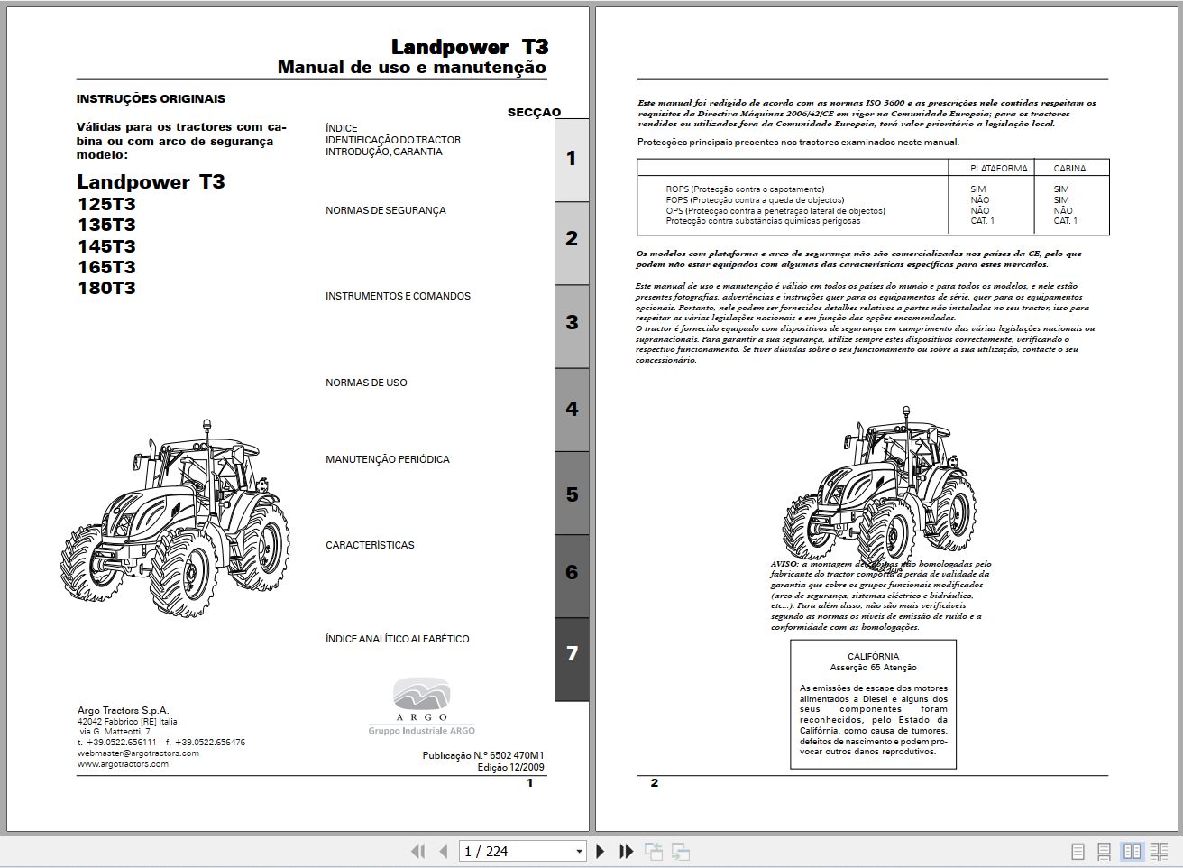 Landini Tractor Landpower 125T3 to 180T3 Operators Maintenance Manual 6502470M1 PT 1