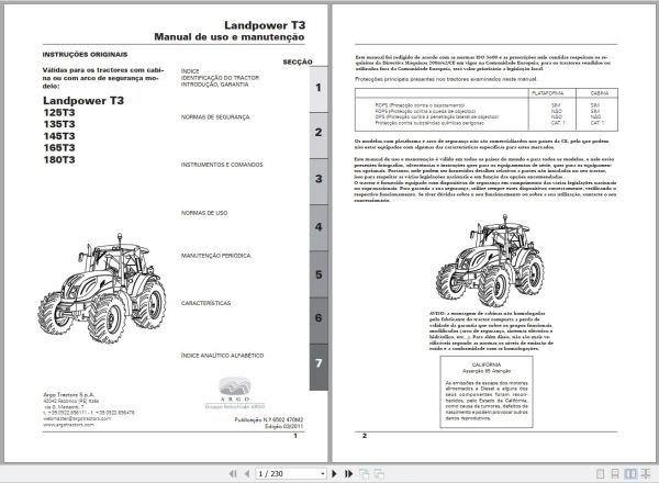 Landini Tractor Landpower 125T3 to 180T3 Operators Maintenance Manual 6502470M2 PT 1