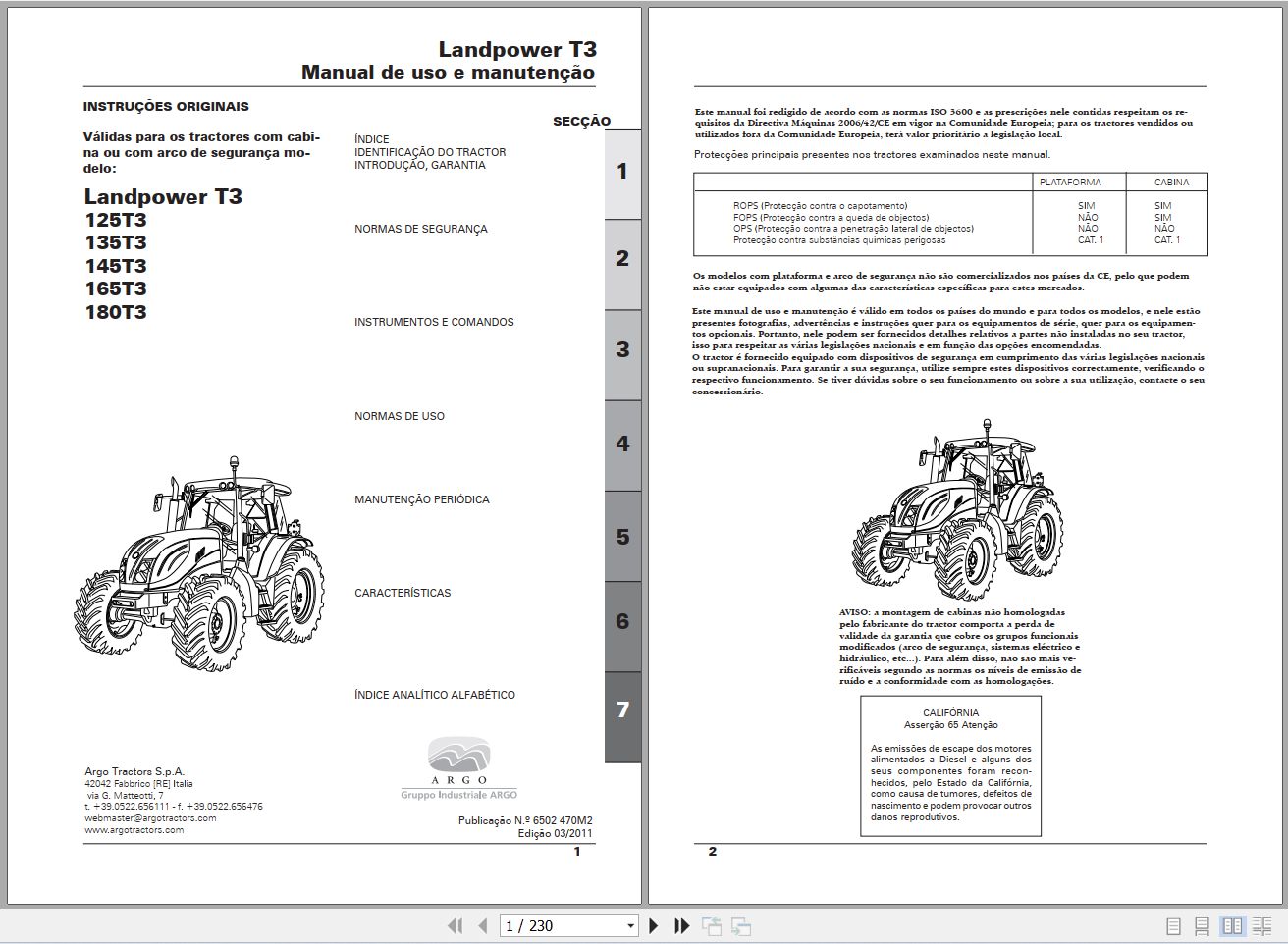 Landini Tractor Landpower 125T3 to 180T3 Operators Maintenance Manual 6502470M2 PT 1