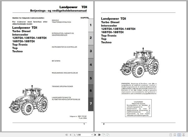 Landini Tractor Landpower 125TDI 185TDI Operators Maintenance Manual 3681723M1 DA 1