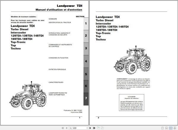 Landini Tractor Landpower 125TDI to 185TDI Operators Maintenance Manual 3681716M1 FR 1