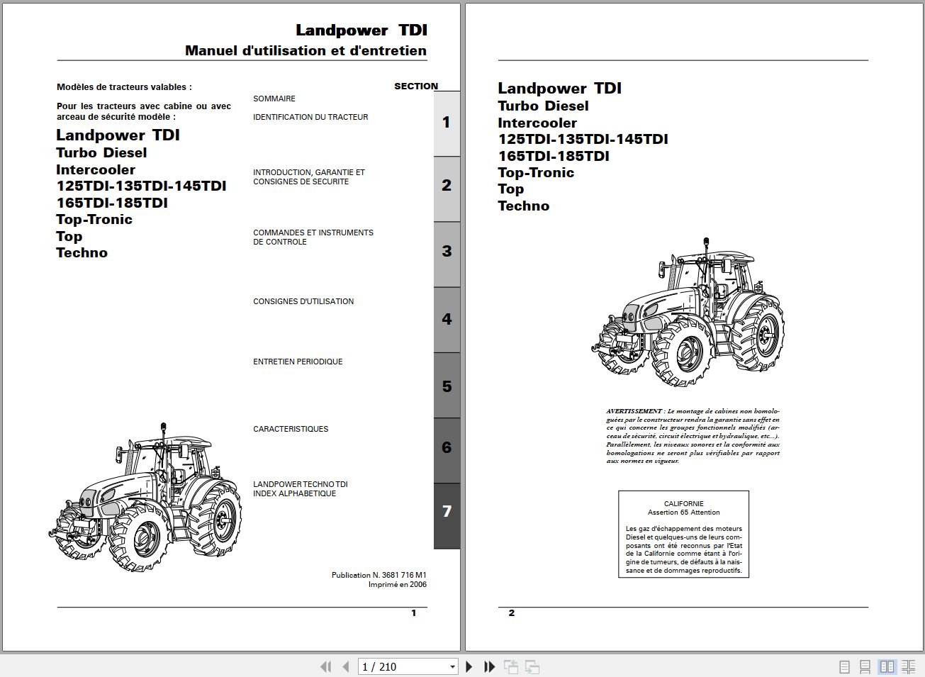 Landini Tractor Landpower 125TDI to 185TDI Operators Maintenance Manual 3681716M1 FR 1