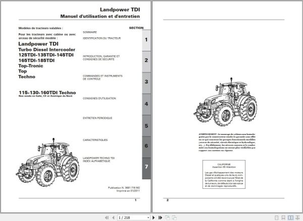 Landini Tractor Landpower 125TDI to 185TDI Operators Maintenance Manual 3681716M2 FR 1