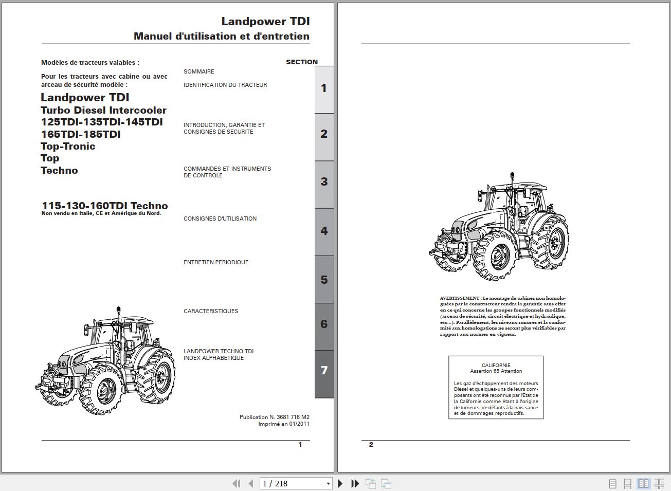 Landini Tractor Landpower 125TDI to 185TDI Operators Maintenance Manual 3681716M2 FR 1