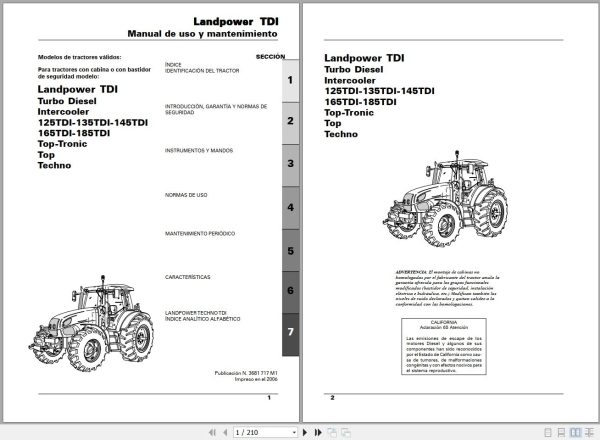 Landini Tractor Landpower 125TDI to 185TDI Operators Maintenance Manual 3681717M1 ES 1