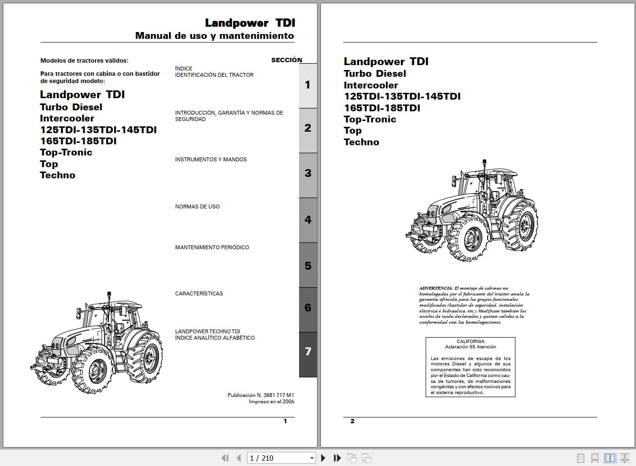 Landini Tractor Landpower 125TDI to 185TDI Operators Maintenance Manual 3681717M1 ES 1