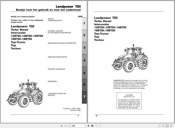 Landini Tractor Landpower 125TDI to 185TDI Operators Maintenance Manual 3681720M1 NL 1