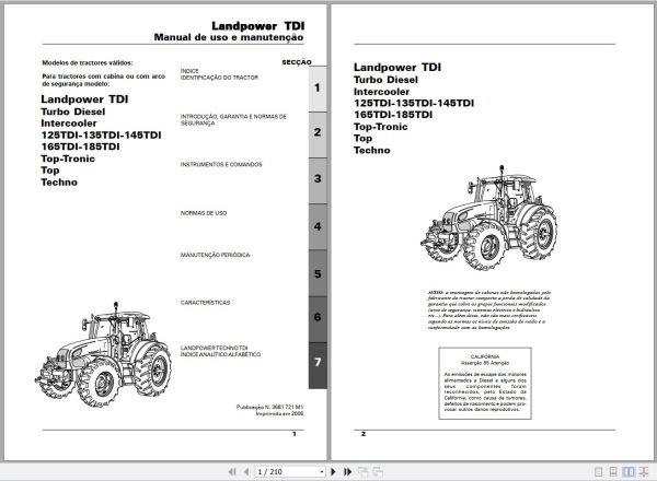 Landini Tractor Landpower 125TDI to 185TDI Operators Maintenance Manual 3681721M1 PT 1