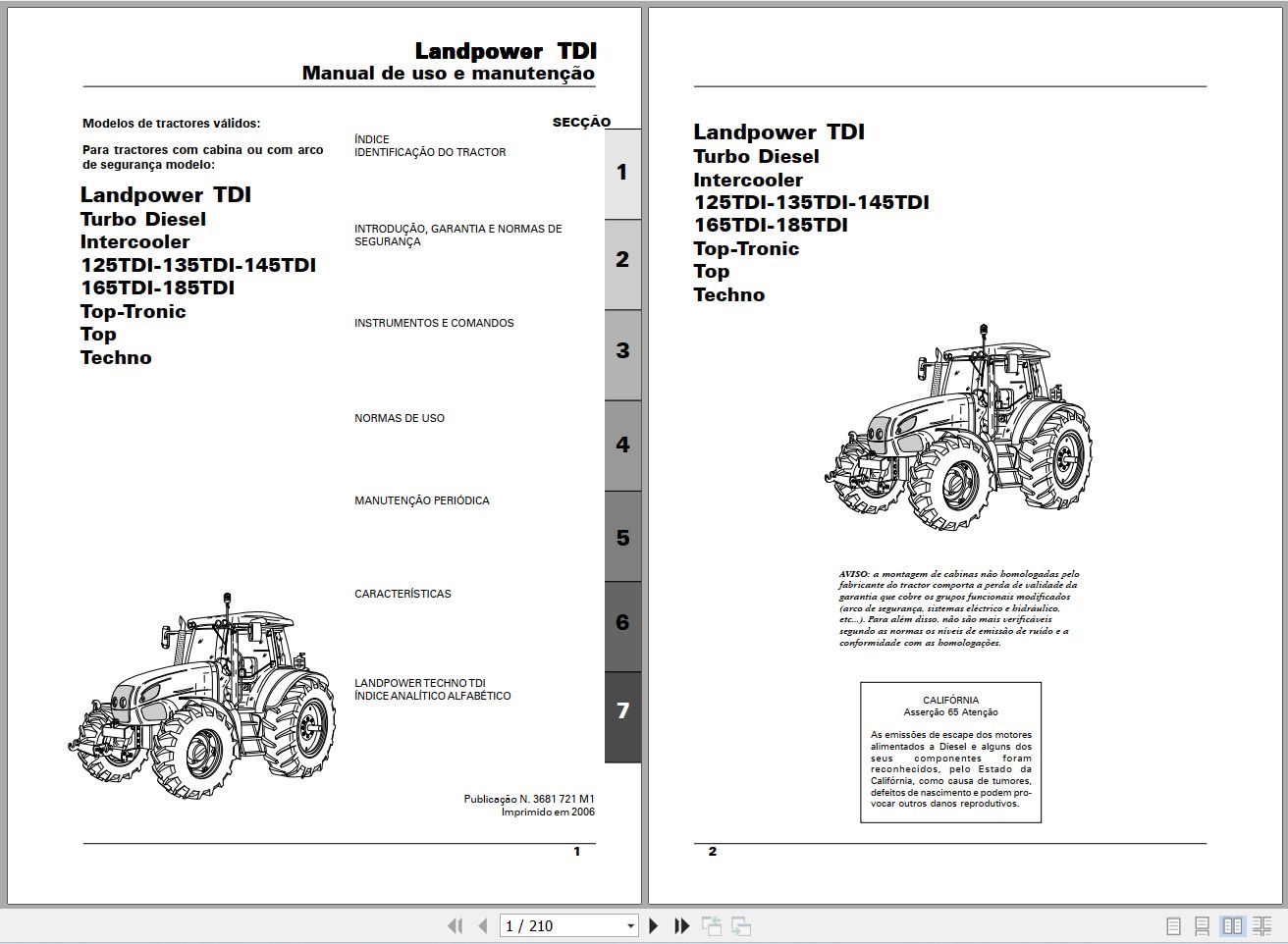 Landini Tractor Landpower 125TDI to 185TDI Operators Maintenance Manual 3681721M1 PT 1