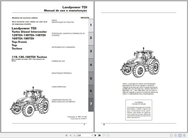 Landini Tractor Landpower 125TDI to 185TDI Operators Maintenance Manual 3681721M2 PT 1