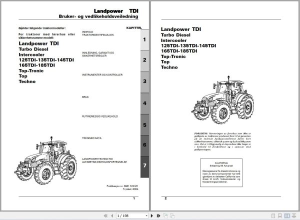 Landini Tractor Landpower 125TDI to 185TDI Operators Maintenance Manual 3681722M1 NO 1