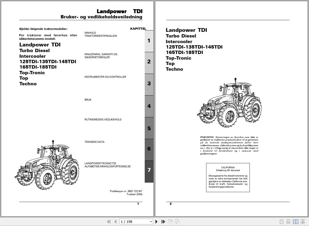 Landini Tractor Landpower 125TDI to 185TDI Operators Maintenance Manual 3681722M1 NO 1