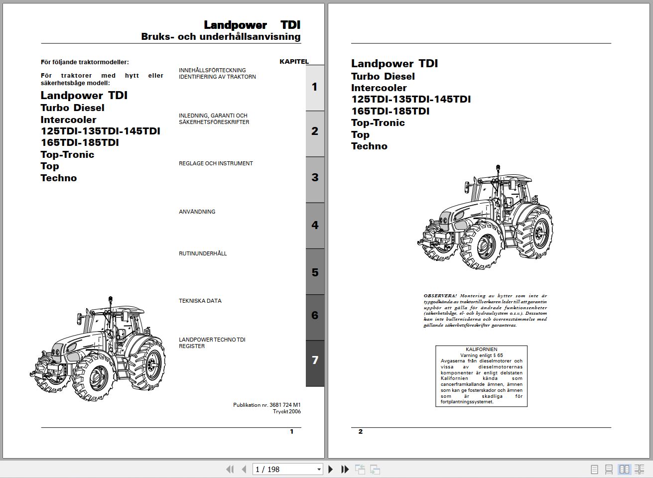 Landini Tractor Landpower 125TDI to 185TDI Operators Maintenance Manual 3681724M1 SV 1