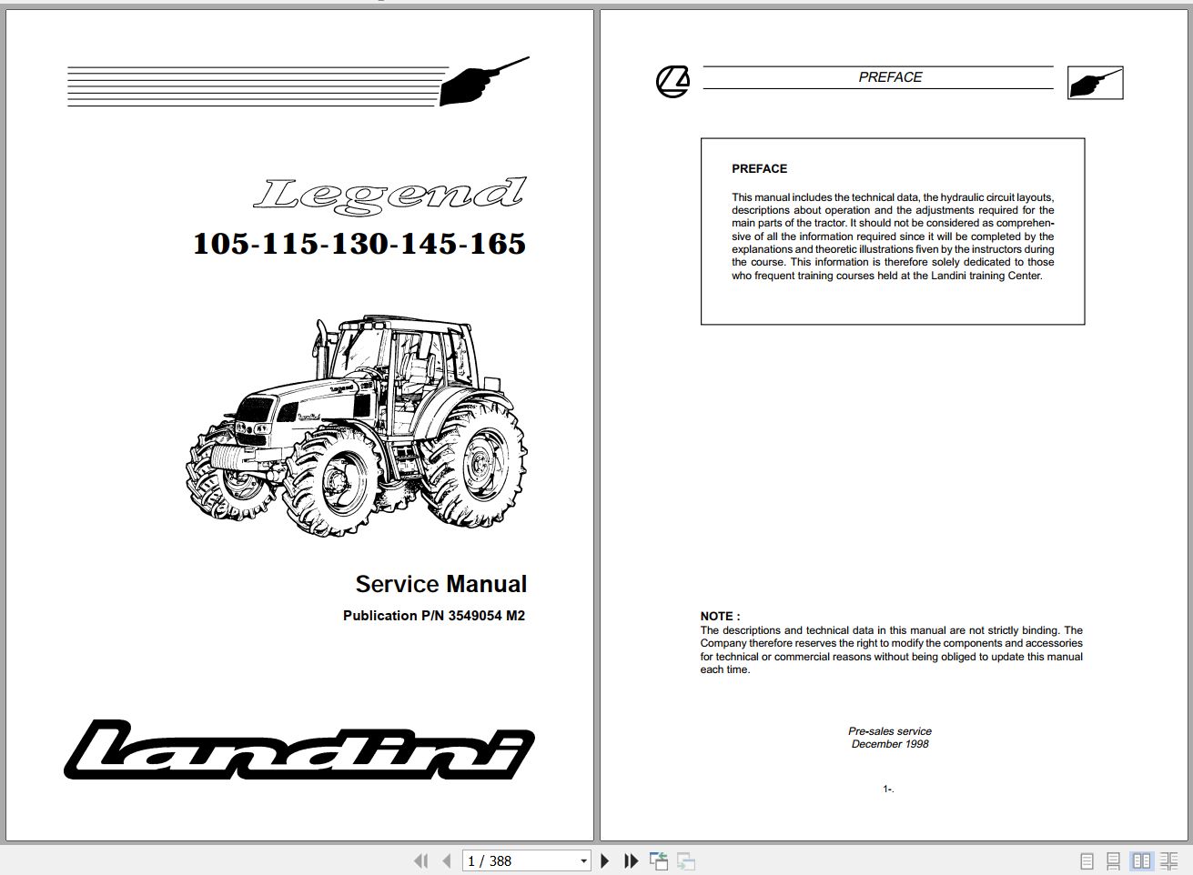 Landini Tractor Legend 105 115 130 145 165 Service Manual 3549054M2 EN 1
