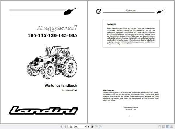 Landini Tractor Legend 105 115 130 145 165 Service Manual 3549057M2 DE 1