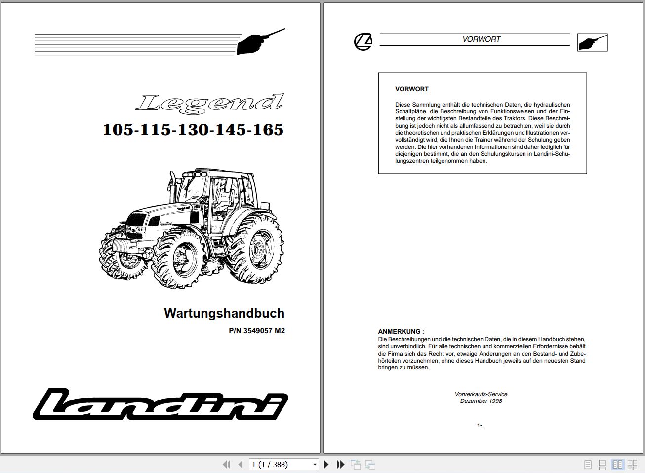 Landini Tractor Legend 105 115 130 145 165 Service Manual 3549057M2 DE 1